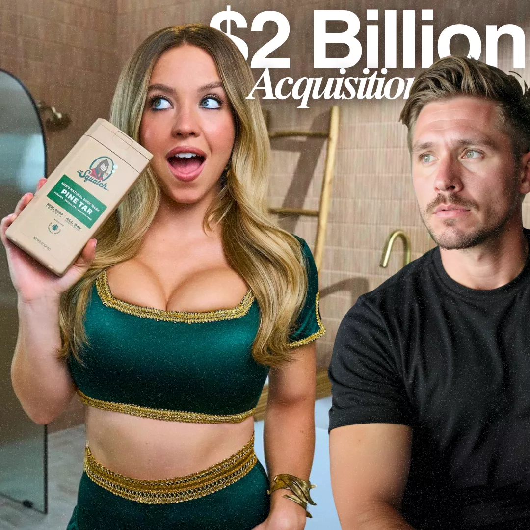 Sydney Sweeney dressed as the Dr. Squatch “Body Wash Genie” holding a Pine Tar soap bar, next to a serious-looking man, with text overlay: “$2 Billion Acquisition.”