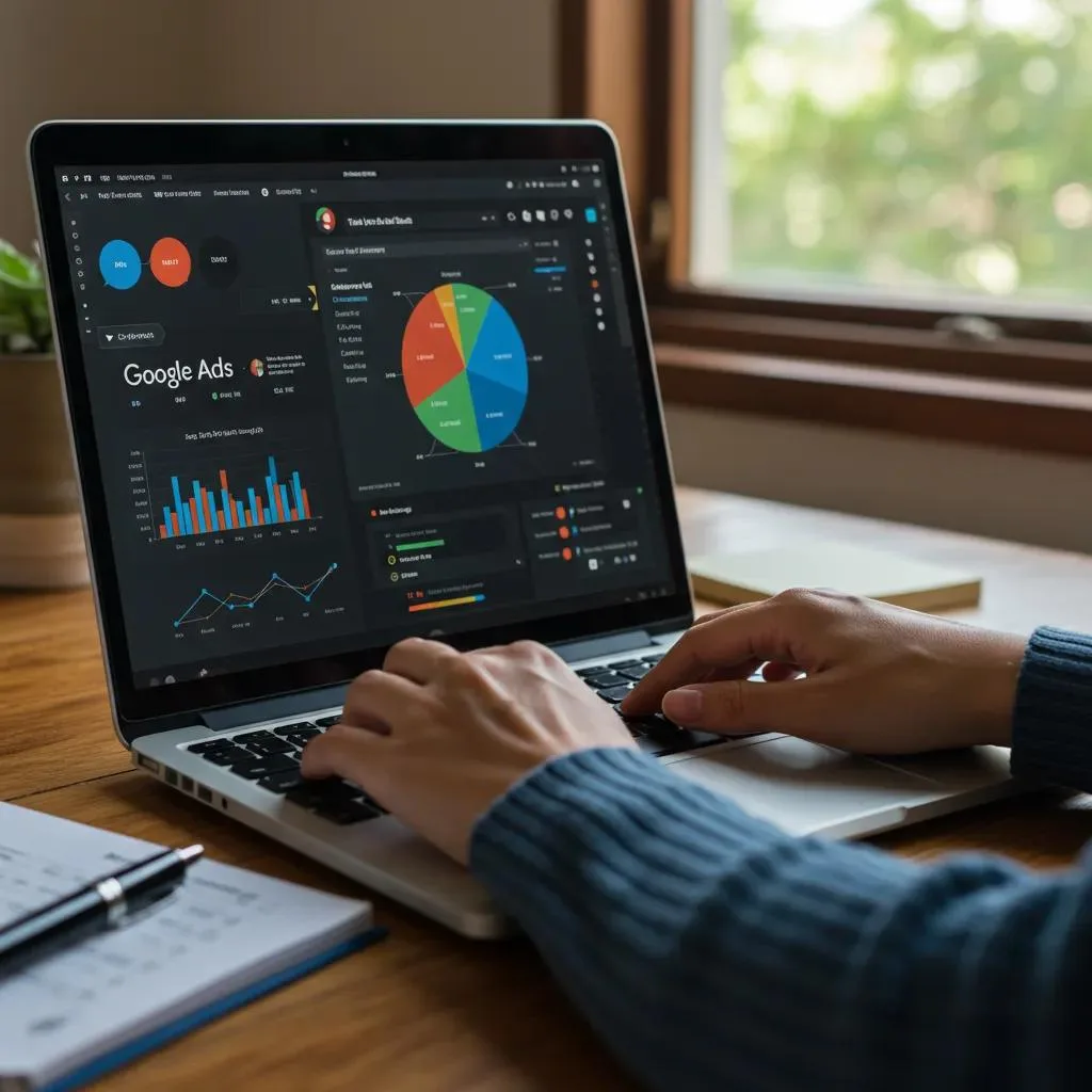 Business owner analyzing Google Ads performance in a cozy home office