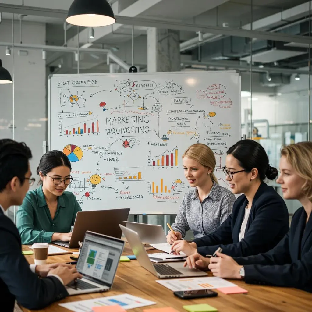 Business professionals collaborating on digital advertising strategies in a modern office