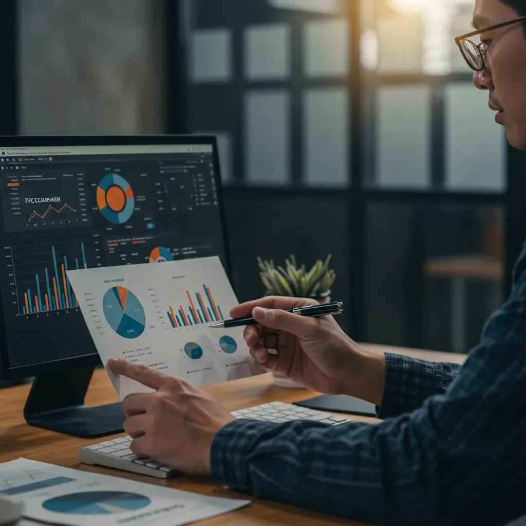 Digital marketing specialist reviewing PPC campaign metrics on a computer screen