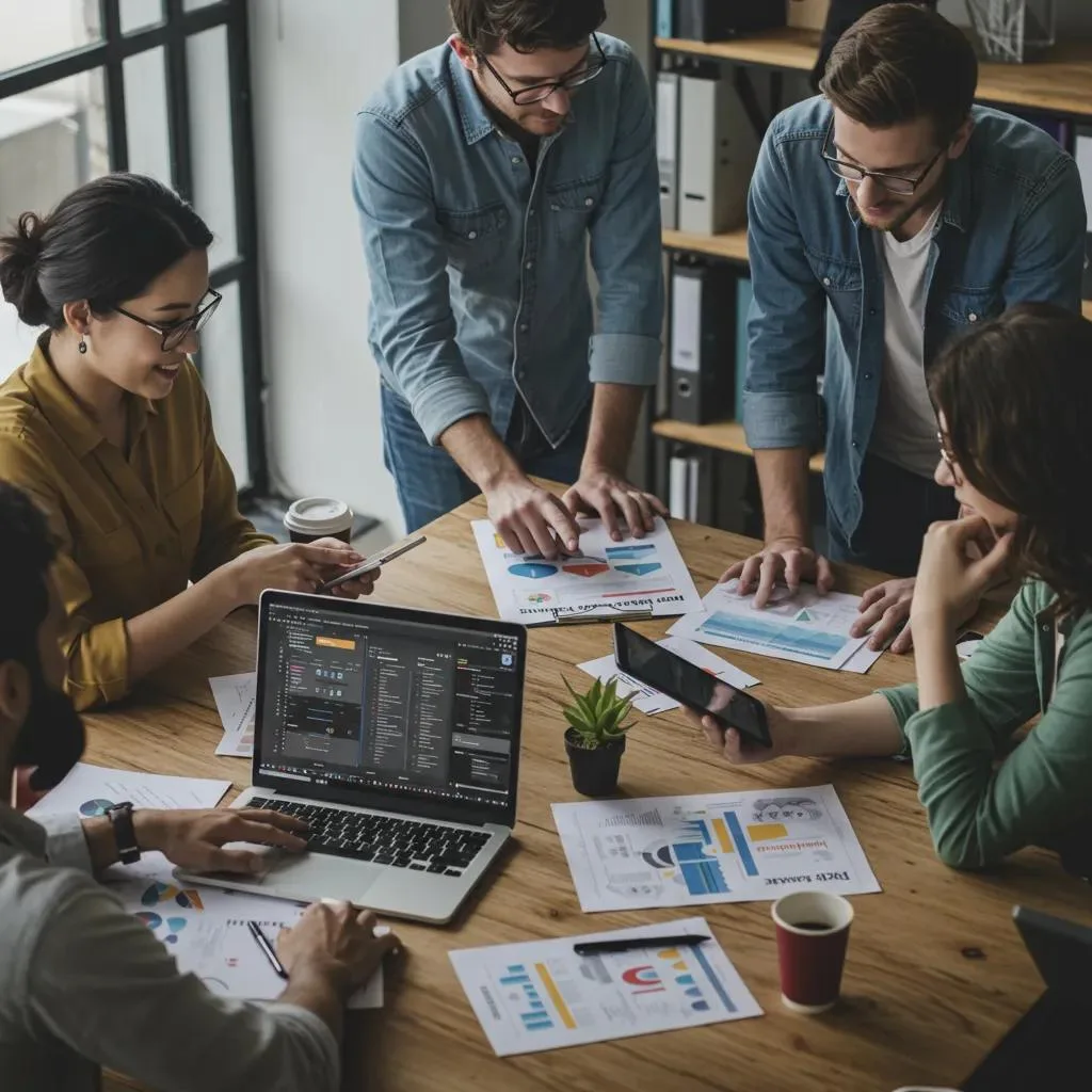 Diverse professionals collaborating on digital marketing strategies in a modern office