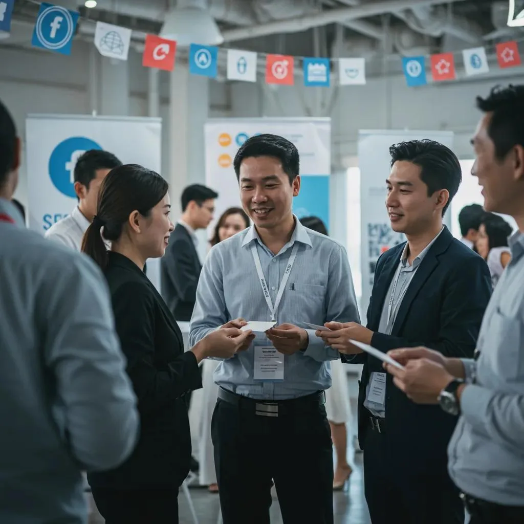 Professionals networking and exchanging ideas at a business event