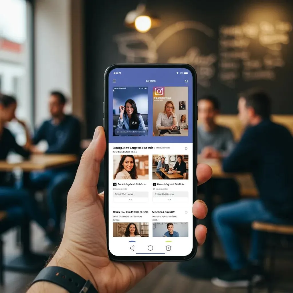 Smartphone displaying engaging Facebook and Instagram ads in a lively café